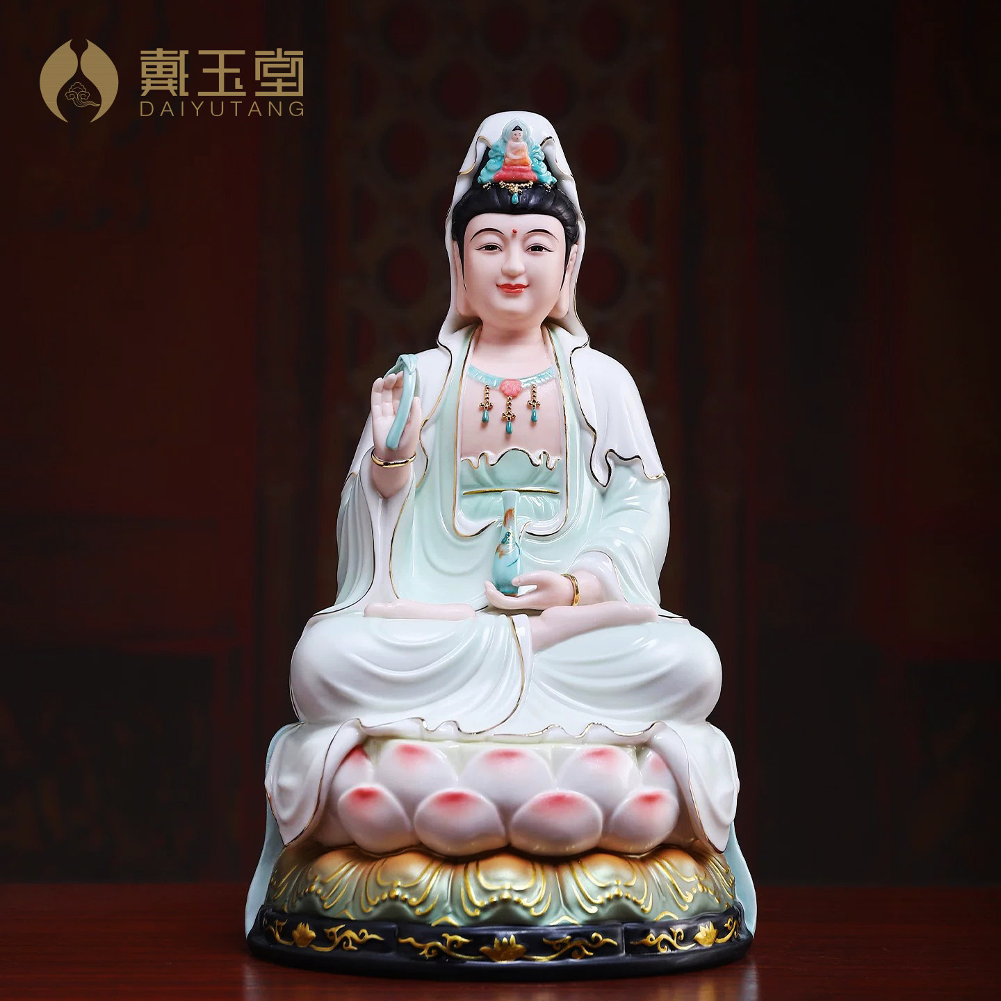 戴玉堂陶瓷《坐古莲观音青衣彩》家用客厅供奉观世音菩萨佛像摆件