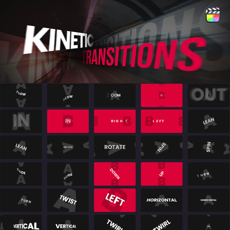 FCPX插件-50个自带文字标题平移缩放旋转拉伸透视转场预设