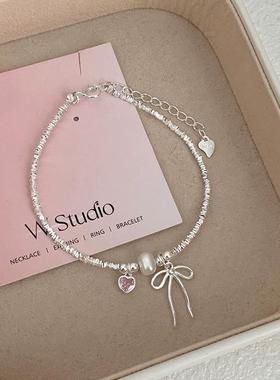 999纯银甜美少女粉色爱心蝴蝶结珍珠碎银子手链简约百搭足银手串