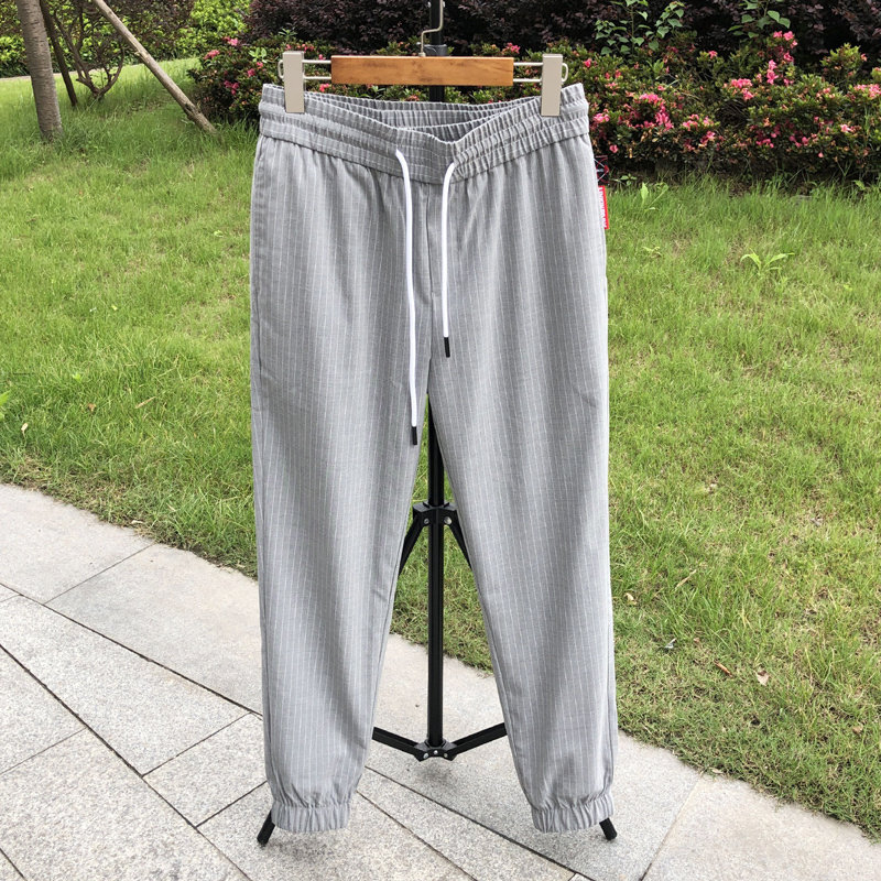 G款男士束腿休闲裤春夏季薄款韩版微弹灰色条纹裤子束脚九分裤潮