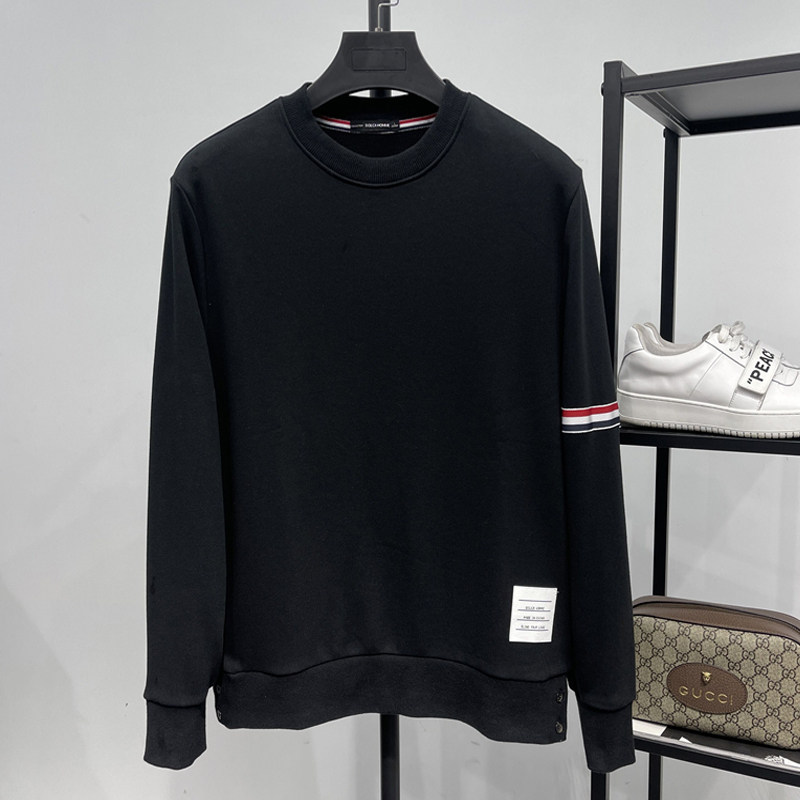 男装潮牌春秋款圆领纯棉小毛圈套头卫衣男单袖织带纯色休闲针织衫