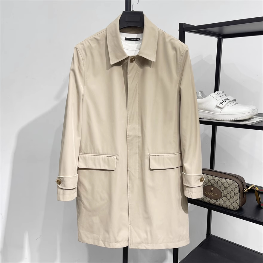 春装轻奢三防面料男士卡其色宽松版翻领中长款简约休闲风衣外套