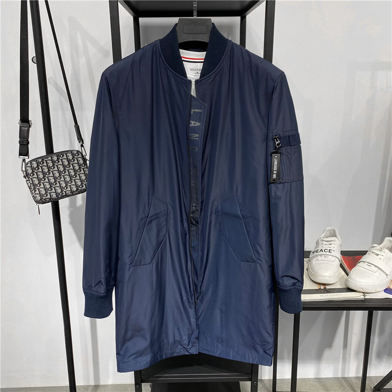 潮牌2025年秋款男士休闲棒球领飞行夹克藏青色韩版外套中长款风衣