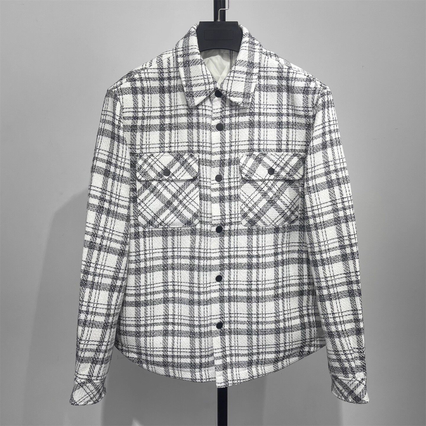 男装轻奢款秋冬季小香风加厚衬衫式夹克衫 黑白格纹翻领棉衣外套