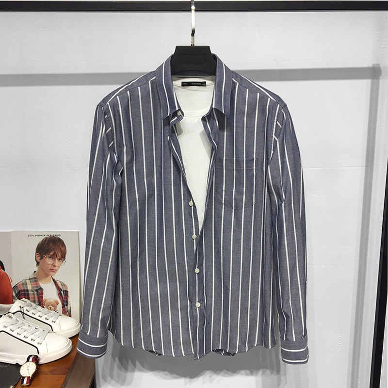 翻领纯棉韩版条纹衬衫春季新品