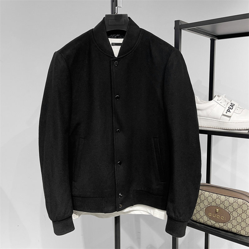 2024年男士羊毛呢子夹克秋冬季加棉内胆羊绒立领短款纯黑色外套潮
