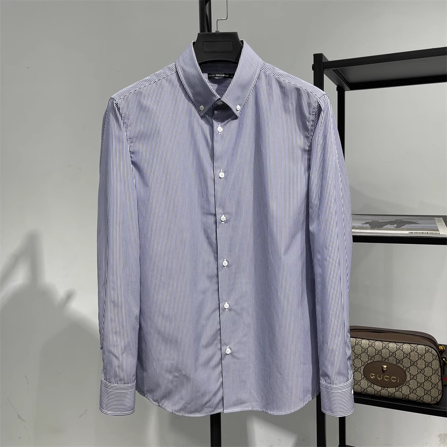 高端款男装春季纯棉蓝白条纹时尚衬衣韩版抗皱长袖休闲竖条纹衬衫