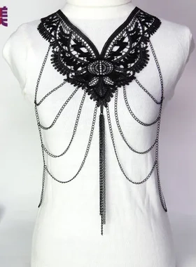 chain蕾丝花边项链黑色美多层body流苏饰品饰品西美身体链外贸