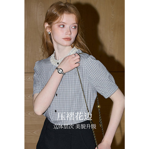 文艺少女感花边领格子短袖衬衫