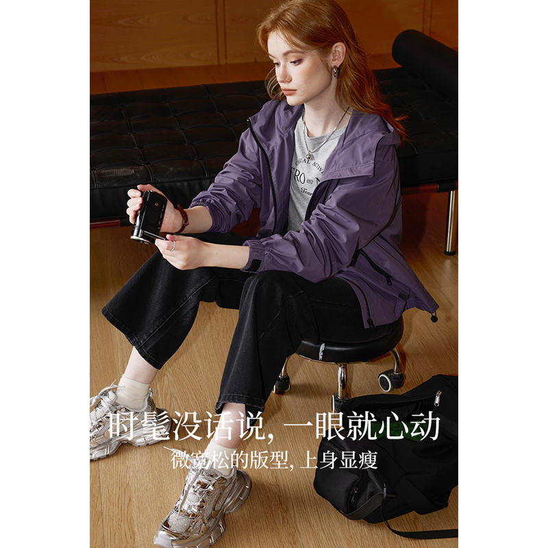 美式机能风连帽宽松紫色外套