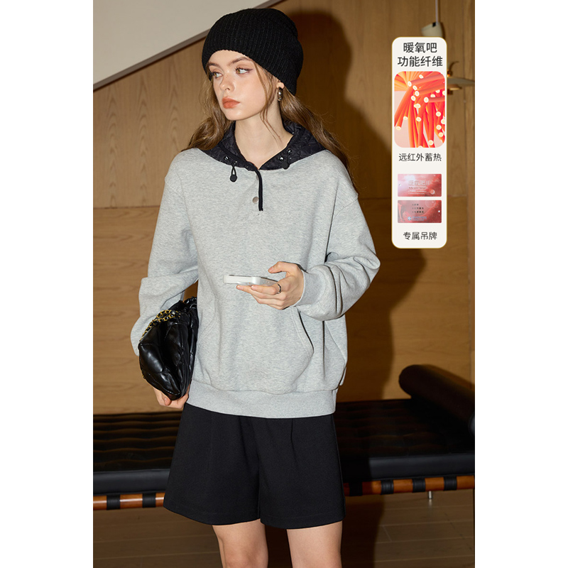 半门襟连帽加绒卫衣休闲感外套