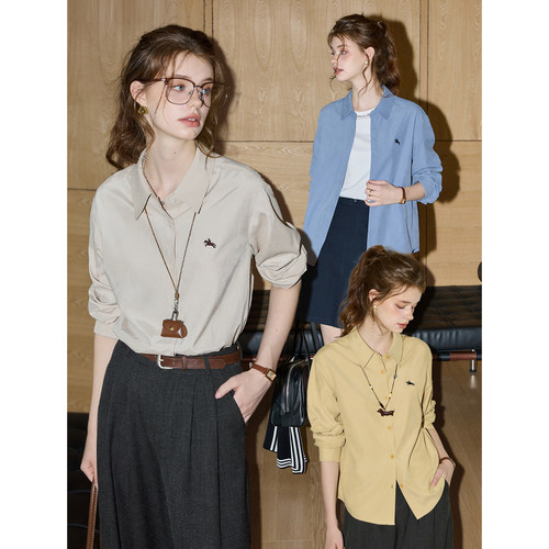 库恩玛维简约纯色长袖衬衫早秋女