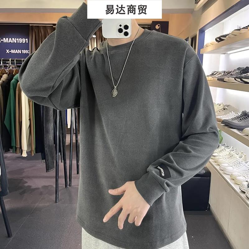 双面德绒打底衫男士秋冬季加厚保暖上衣服长袖t恤弧形下摆内搭潮