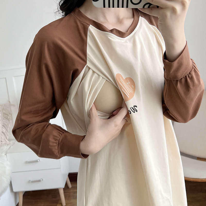 纯棉哺乳上衣产后外出打底衫长袖T恤辣妈款孕妇月子服喂奶期春装