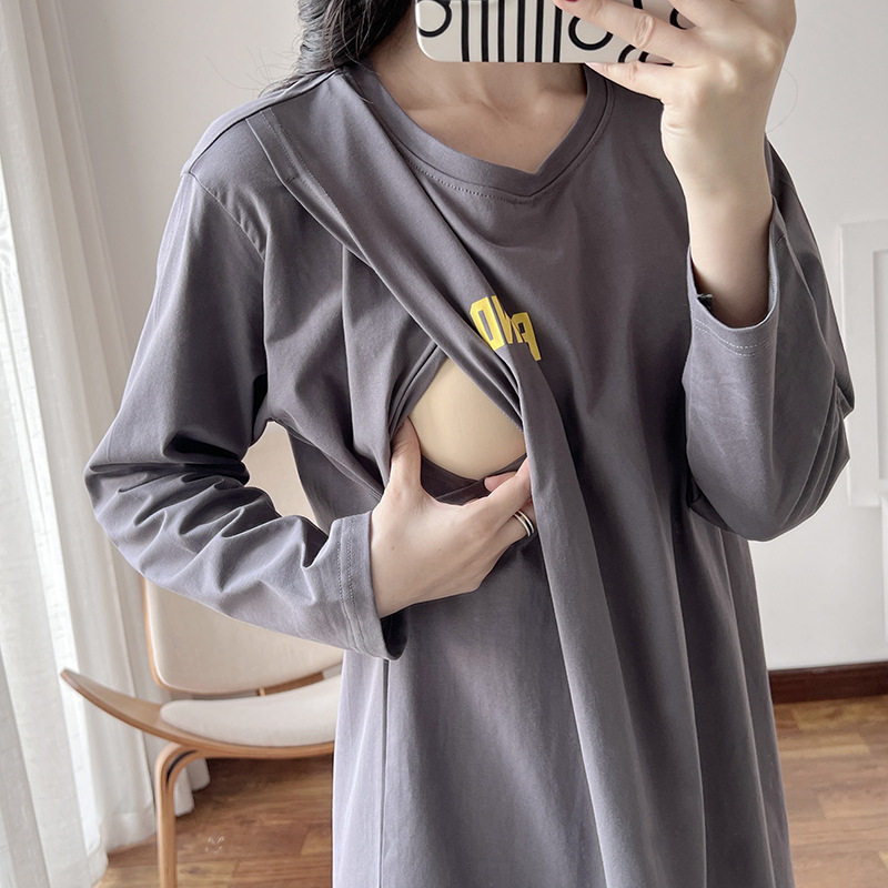 哺乳睡裙夏季薄款长袖外穿月子服辣妈款长喂奶衣春秋季孕妇连衣裙