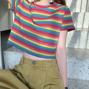 体恤上衣超火cec宽松彩虹条纹短袖 短袖 T恤女ins潮 夏短款 2024新款