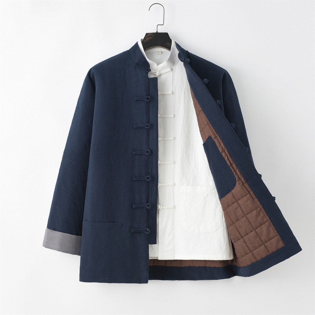 亚麻连肩袖唐装棉花棉袄中老年冬季传统复古连袖棉麻保暖棉服外套