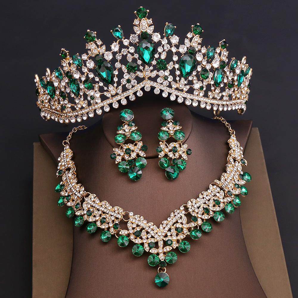 欧美新娘皇冠耳环项链三件套婚纱礼服饰品女奢华水钻王冠首饰套装