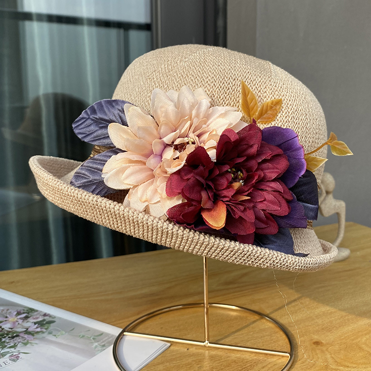 春夏新款优雅大花礼帽卷边针织盆帽女士海边沙滩度假防晒太阳帽子