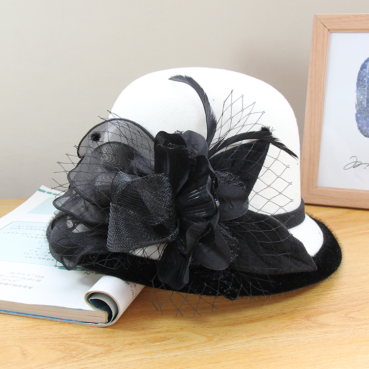 羊毛呢欧美圆顶优雅网纱花朵帽子