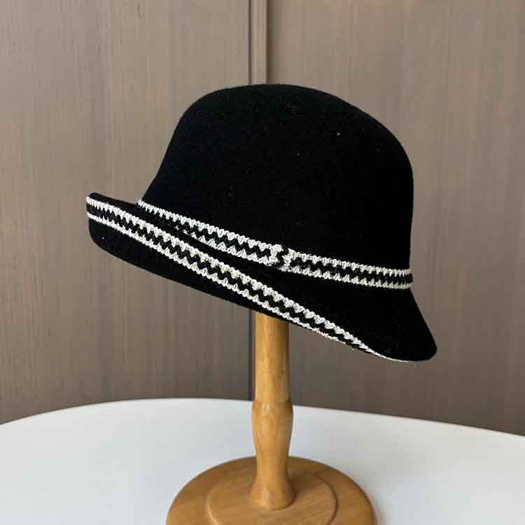 秋冬新款羊毛呢卷边渔夫帽女士休闲百搭织带礼帽加厚针织保暖帽子
