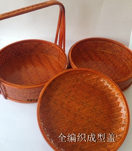 竹编手工艺 圆形二层送餐篮/外卖手提竹篮/婚庆礼品篮/包装盒