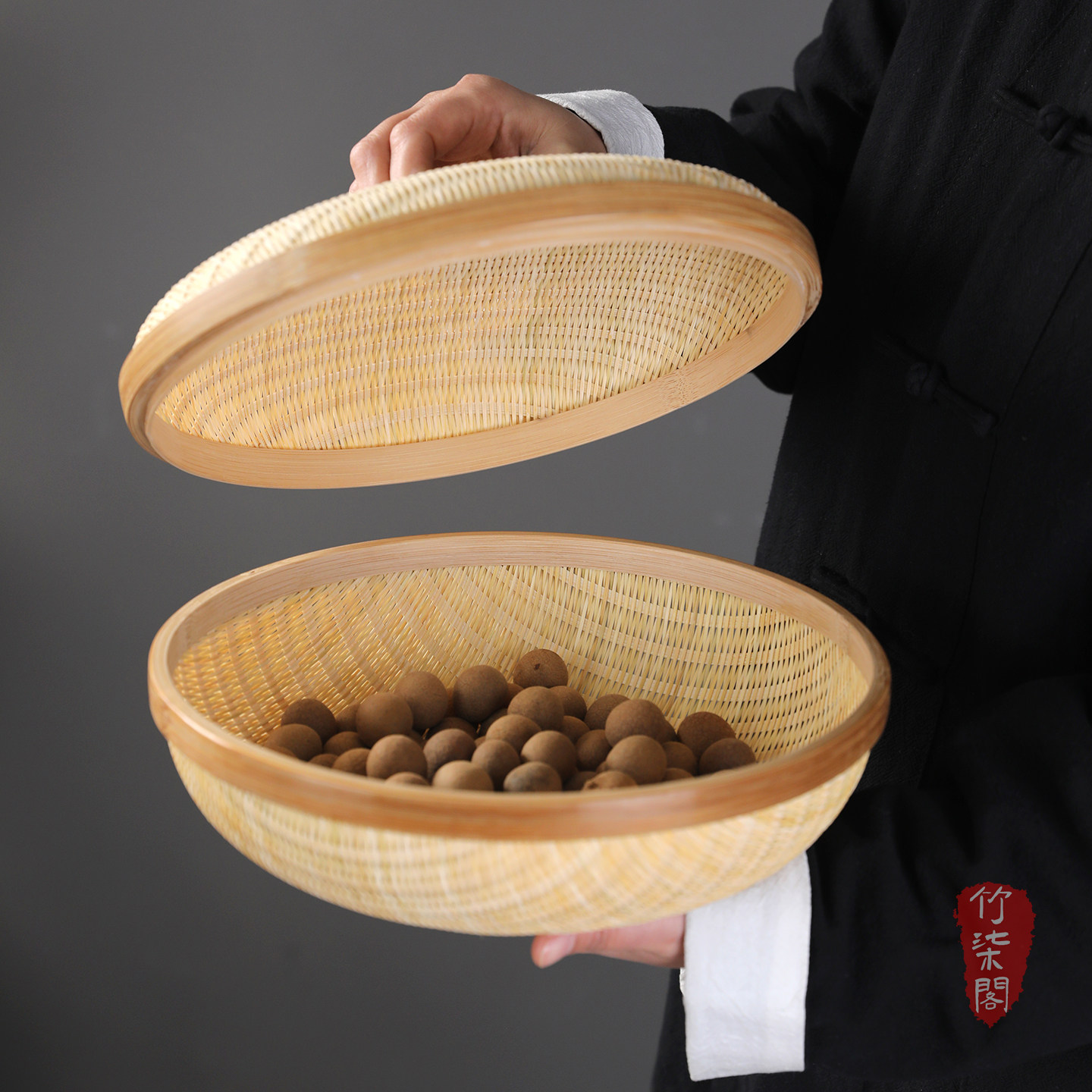 竹编收纳筐水果盘手工竹丝编织带盖篮子点心篮簸箕茶具收纳竹篮筐