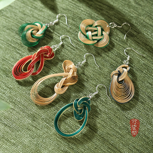 非遗手工竹编耳环耳坠搭汉服旗袍
