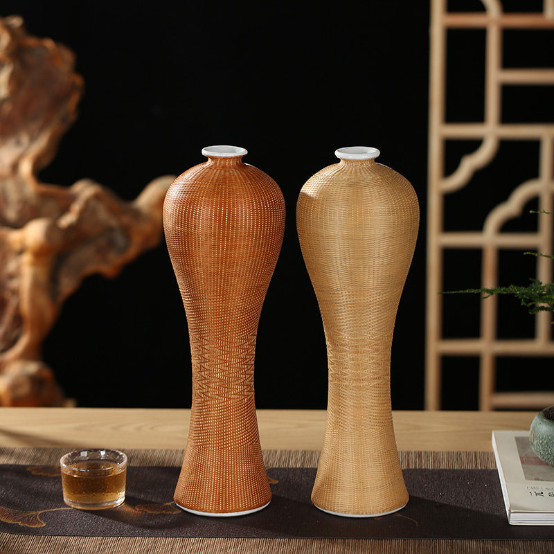 非遗手工瓷胎竹丝编精编茶室观赏摆件花瓶梅瓶茶桌花器送礼品轻奢