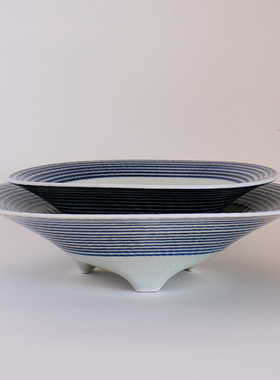 和山窑蓝驹手绘三足碗钵菜盘钵圆形条纹波佐见烧日本直邮
