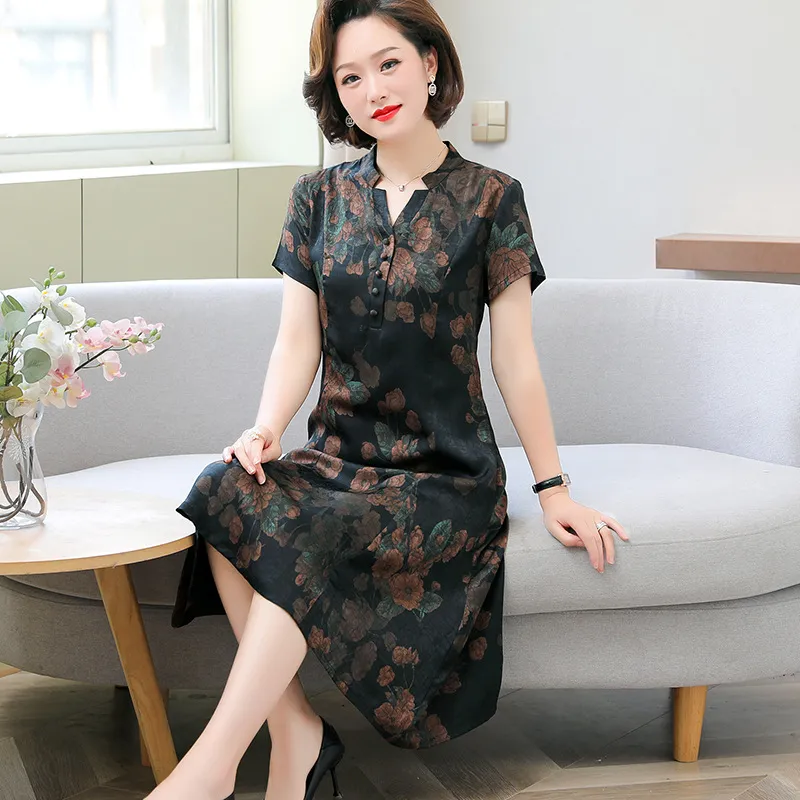 唯品会特卖清仓处理断码短袖香云纱真丝桑蚕丝连衣裙女装品牌正品