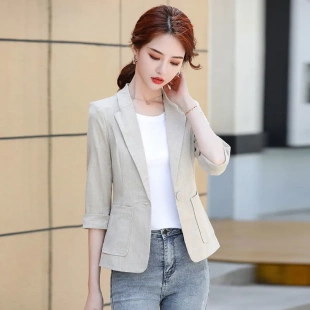 潮唯品会官网特卖短款单薄棉麻小西装外套断码夏女装千百惠旗舰店