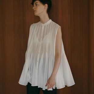 日系春夏复古文艺设计感拼接伞形衬衫宽松显瘦休闲半透上衣女qh