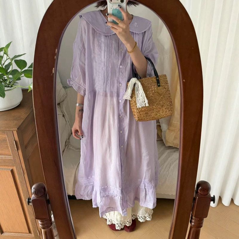 森女系少女风A字裙苎麻纯色娃娃领蕾丝花边拼接长款短袖连衣裙女