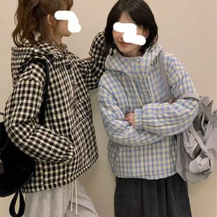 韩版复古奶呼呼蓝白格子连帽面包棉服保暖套头夹棉外套女