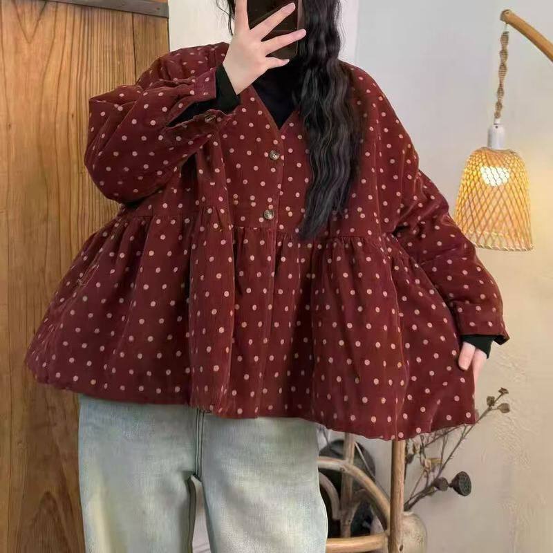 日系森系圆点灯芯绒加棉棉衣女冬季新款宽松百搭拼接娃娃衫外套女