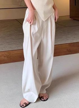 现货moia休闲阔腿裤女2025早春宽松显瘦松紧腰棉麻质拖地直筒长裤