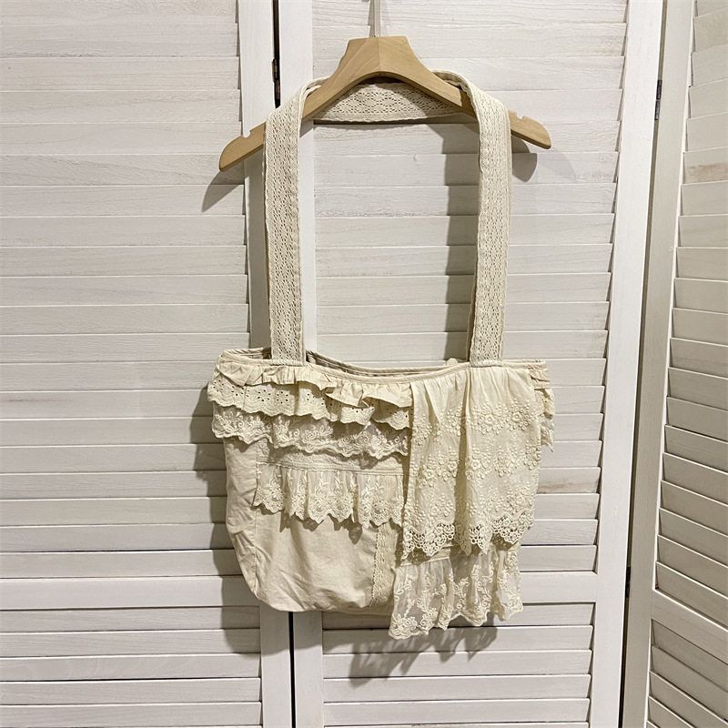 森系设计感蕾丝荷叶边复古手提包少女感手袋布包小众单肩包布包