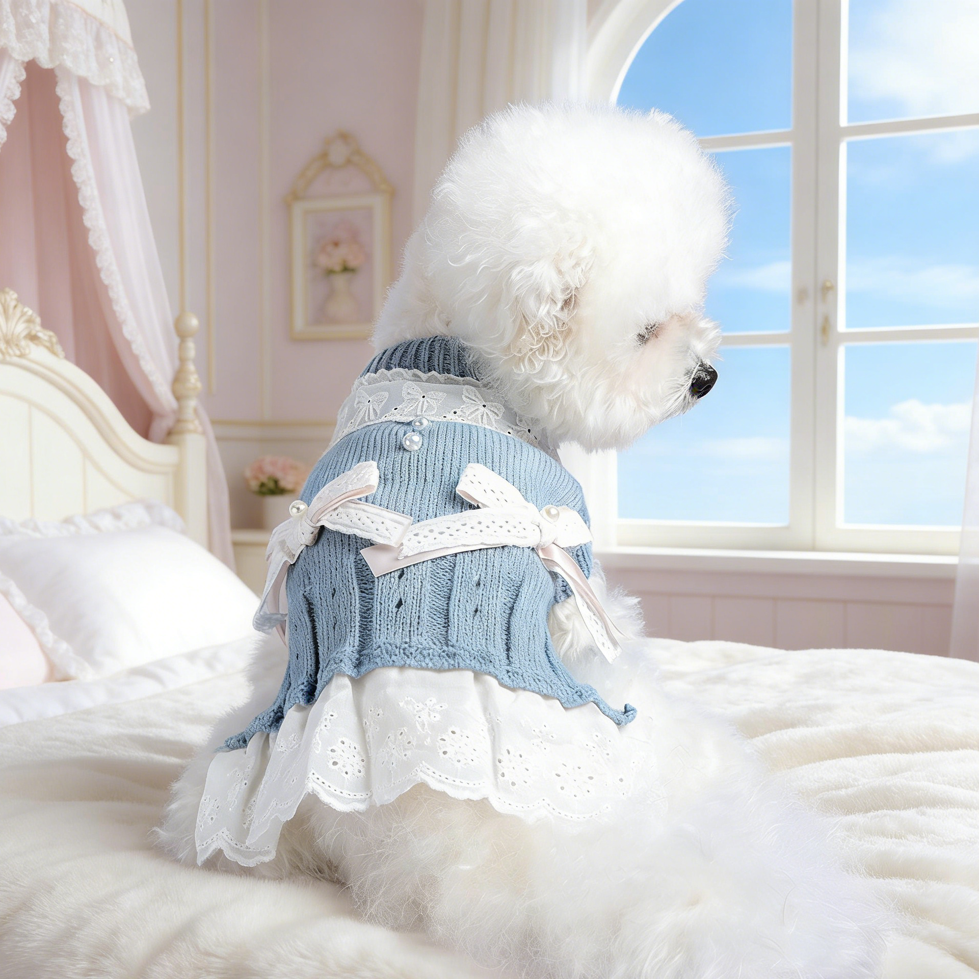 泡米酱淑女毛线裙宠物衣服狗泰迪比熊猫秋蝴蝶结珍珠保暖套头针织,宠物/宠物食品及用品,狗宠物服装/雨衣,淘宝优惠券,粉丝福利购,淘宝优惠卷