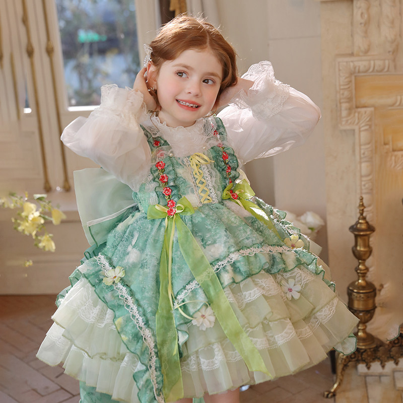 女童春季洛丽塔四季公主裙 2026新款女童洋气绿色蓬蓬女孩连衣裙