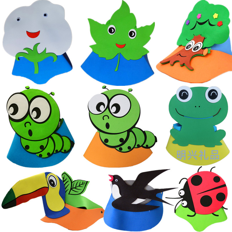 棉花姑娘头饰瓢虫小燕子啄木鸟青蛙叶子蚜虫头套表演道具儿童帽子