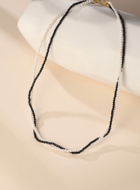 贝珠项链黑色水晶双链黑白项链珍珠水晶项链气质珍珠项链水晶