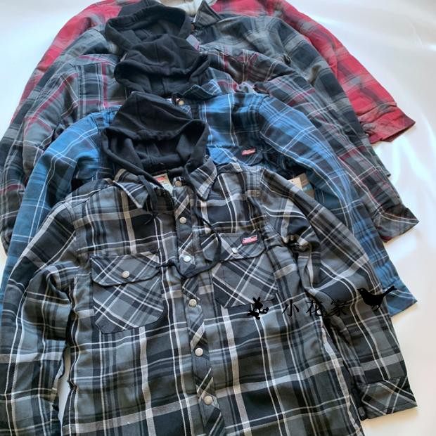 出口美式男士大码街舞秋冬连帽薄款夹棉格子衬衫棉衣棉服风衣外套