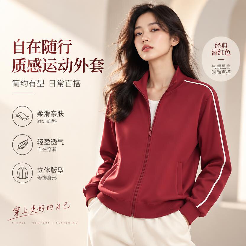 秋季运动夹克红色短款外套女款秋初中生大码胖mm立领开衫休闲上衣