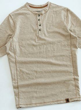 可可外贸 重磅纯棉亨利领短袖t恤 纯色美式咔叽基础款打底上衣男