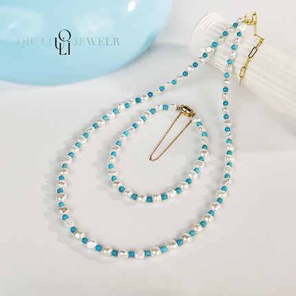 邱黎设计 ·【晴云】古典美学蓝白微沁美松绿松石手链项链1h5788