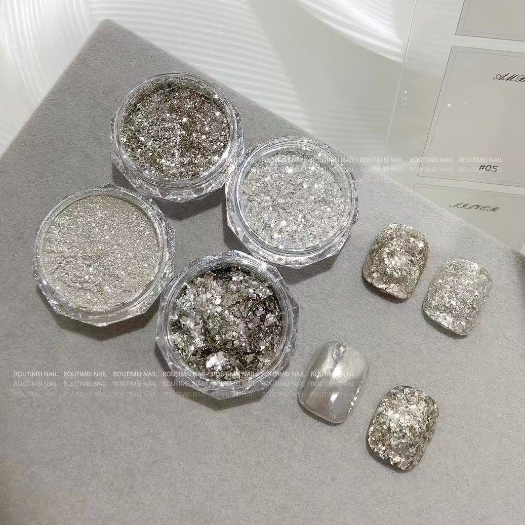 原创金属风美甲银色饰品魔镜粉闪粉亮片镭射粉光泽质感好4个一套