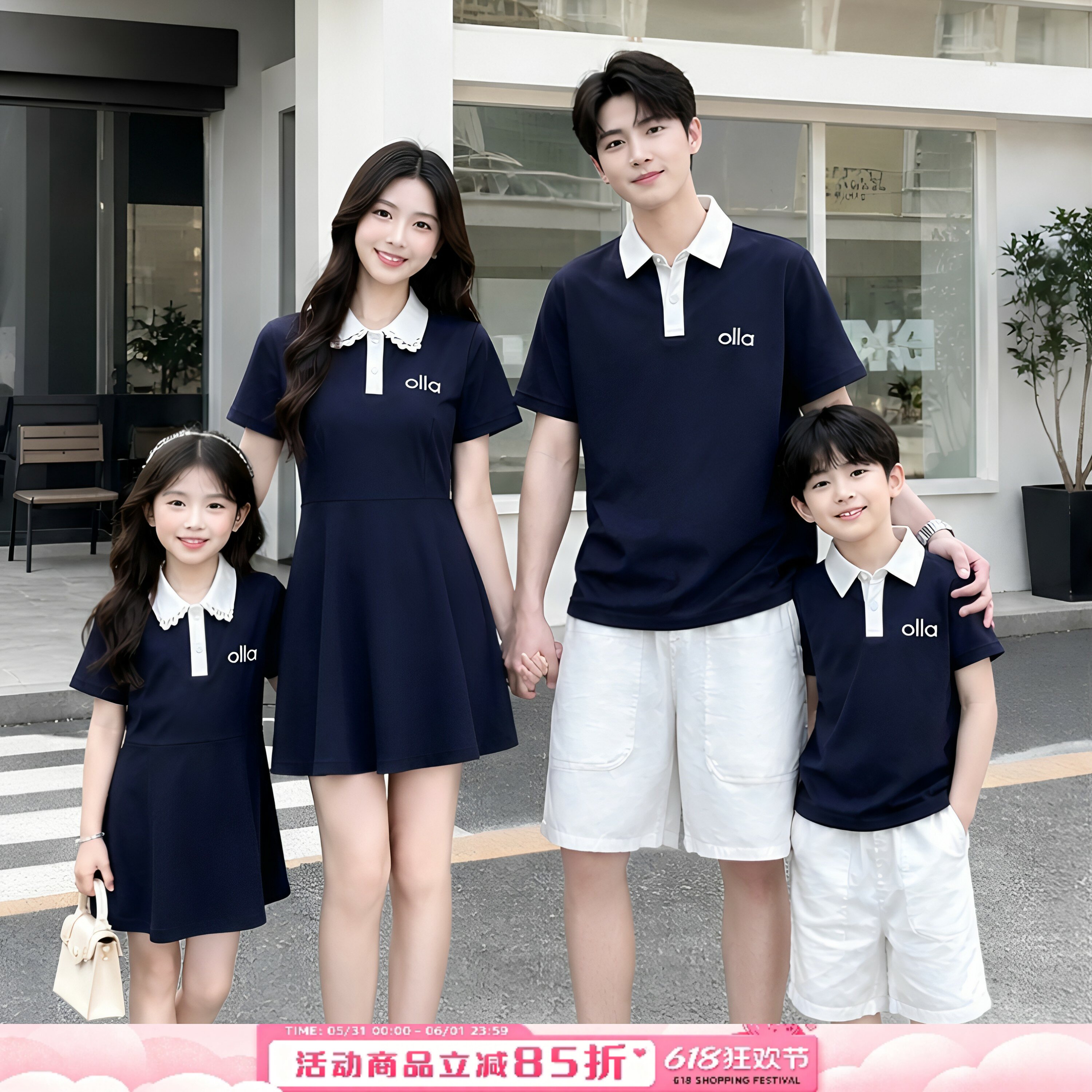 高端学院风亲子装短袖T恤母女蕾丝连衣裙父子装翻领上衣polo衫潮