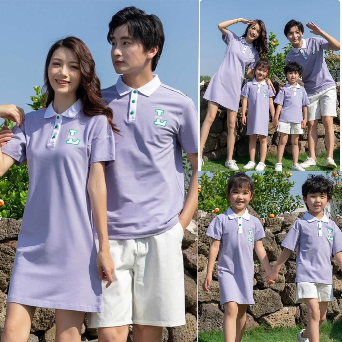 子装夏季新款POLO衫短袖撞色一家三口全家装母女连衣裙亲子服装