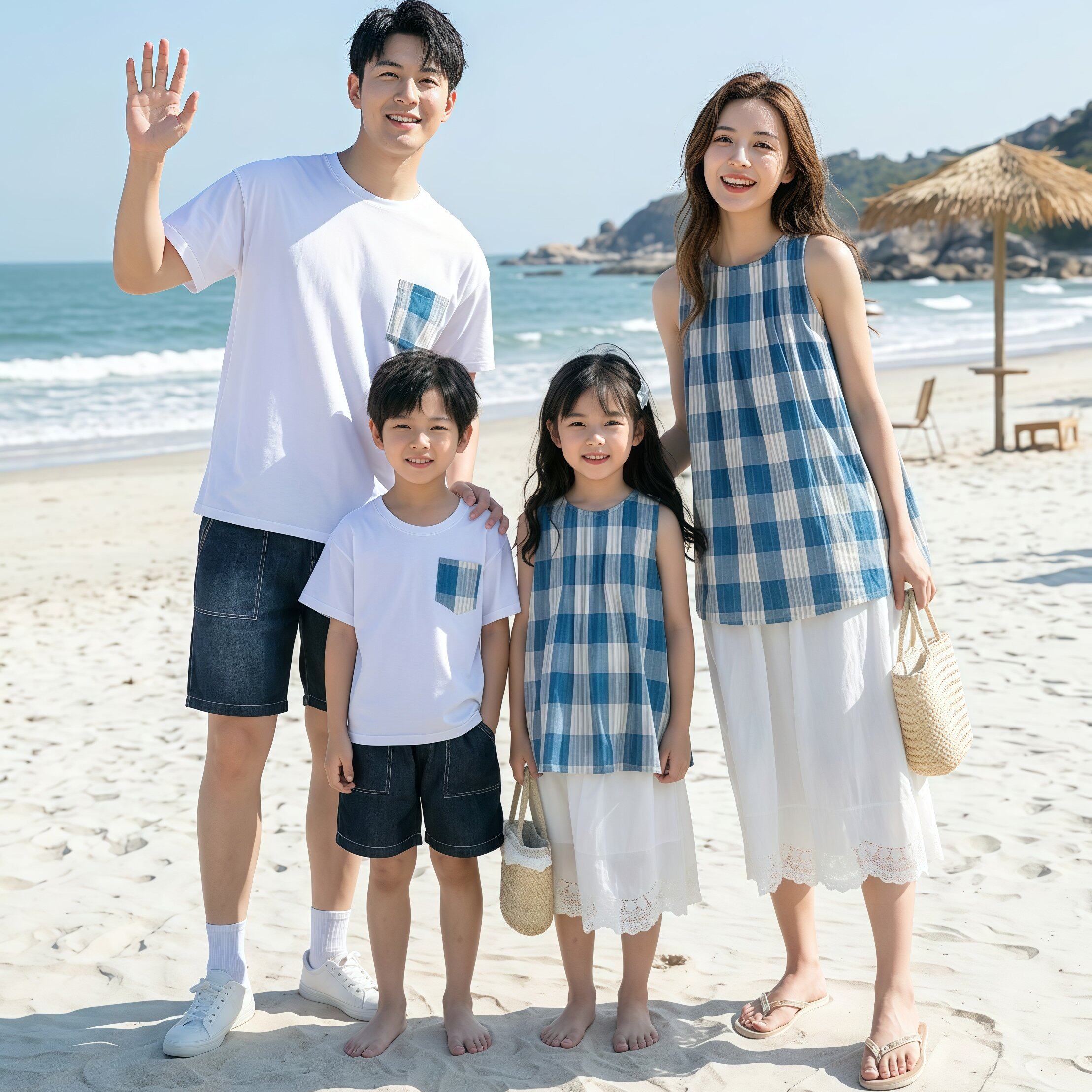 一家三口亲子装度假风夏季海边格子沙滩裙情侣装短袖T恤母子母女